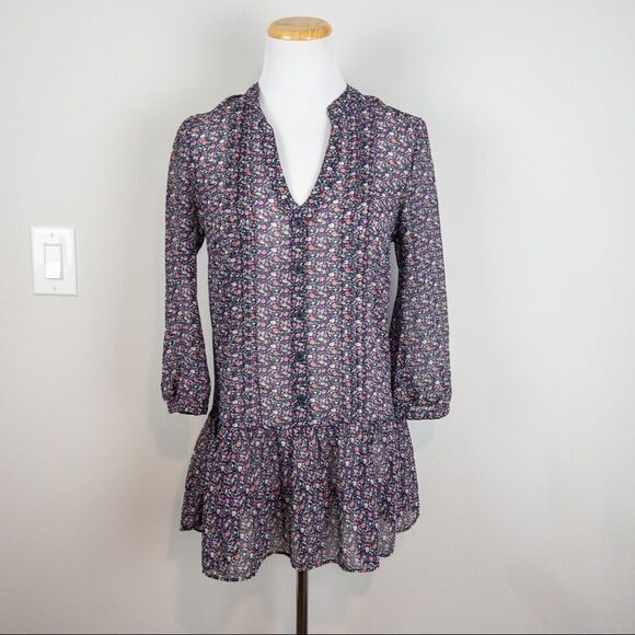 American Rag Womens Size Small Blue Floral Semi Sheer Peplum Blouse Prairie - Picture 2 of 8